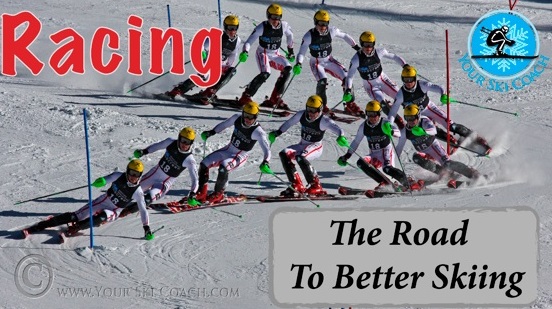 Ski racing squad doing drill