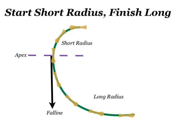 Drawing of a half turn where the first half is short radius and the second half long. Where the turn crosses the fall-line is a perpendicular line marked apex.