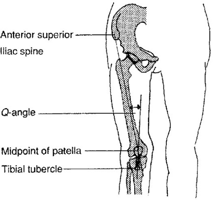 Anatomical drawing of human hip and knee. Lines show angles from outside of hip to centre of knee and centre of knee to spine.